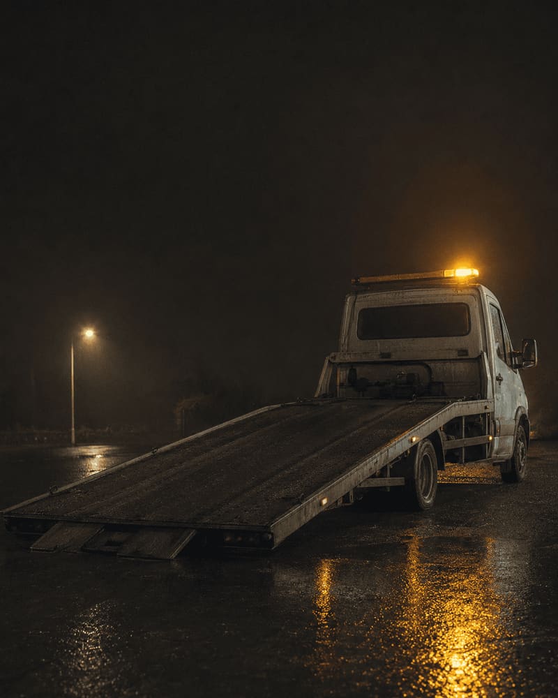 Camion plateau, rampe abaissée, de nuit sur une chaussée mouillée
